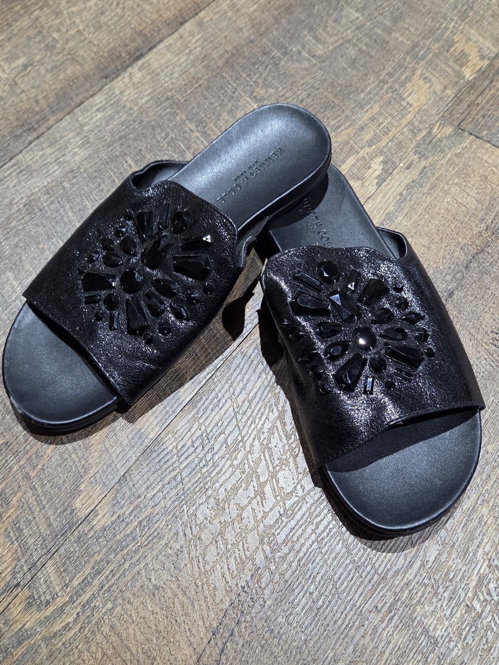 Black Jeweled Gemstone Slide Sandals By Kenneth Cole